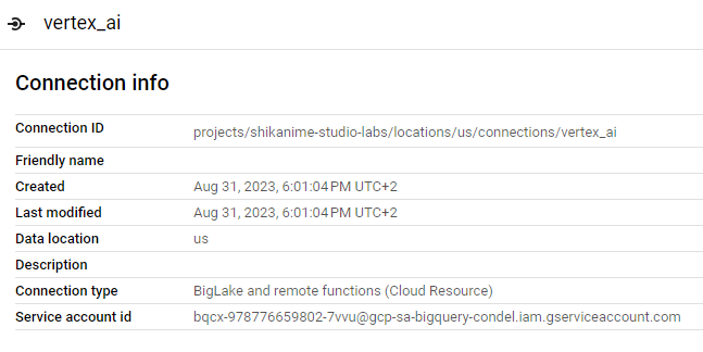 Détail de la connexion Vertex AI