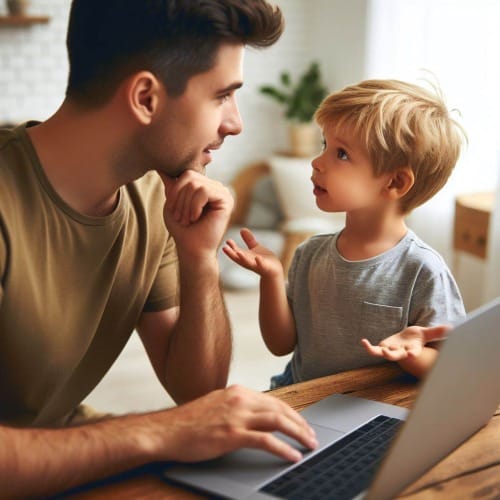 un petit garçon blond avec les cheveux court et aux yeux marron pose des question à son père qui travail sur un ordinateur