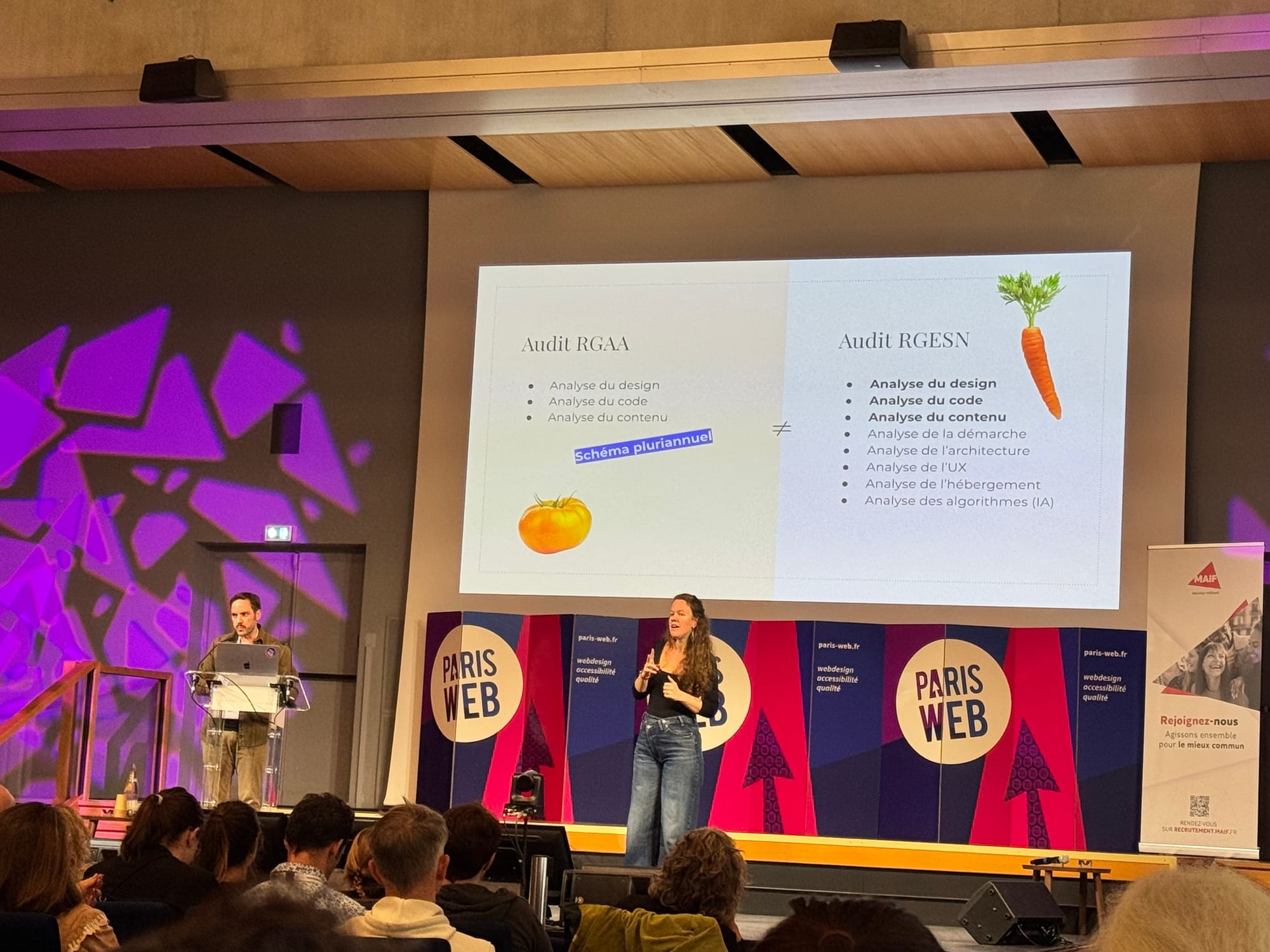 Une slide compare un audit RGAA (Analyse du design, du code, du contenu) et un audit RGESN (qui ajoute les analyses: démarche, architecture, UX, hébergement et algorithmes (IA))