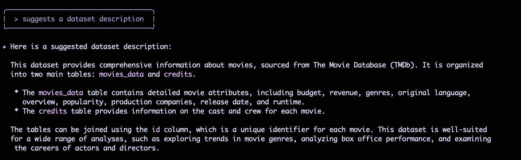 Exemple de génération de description pour un dataset