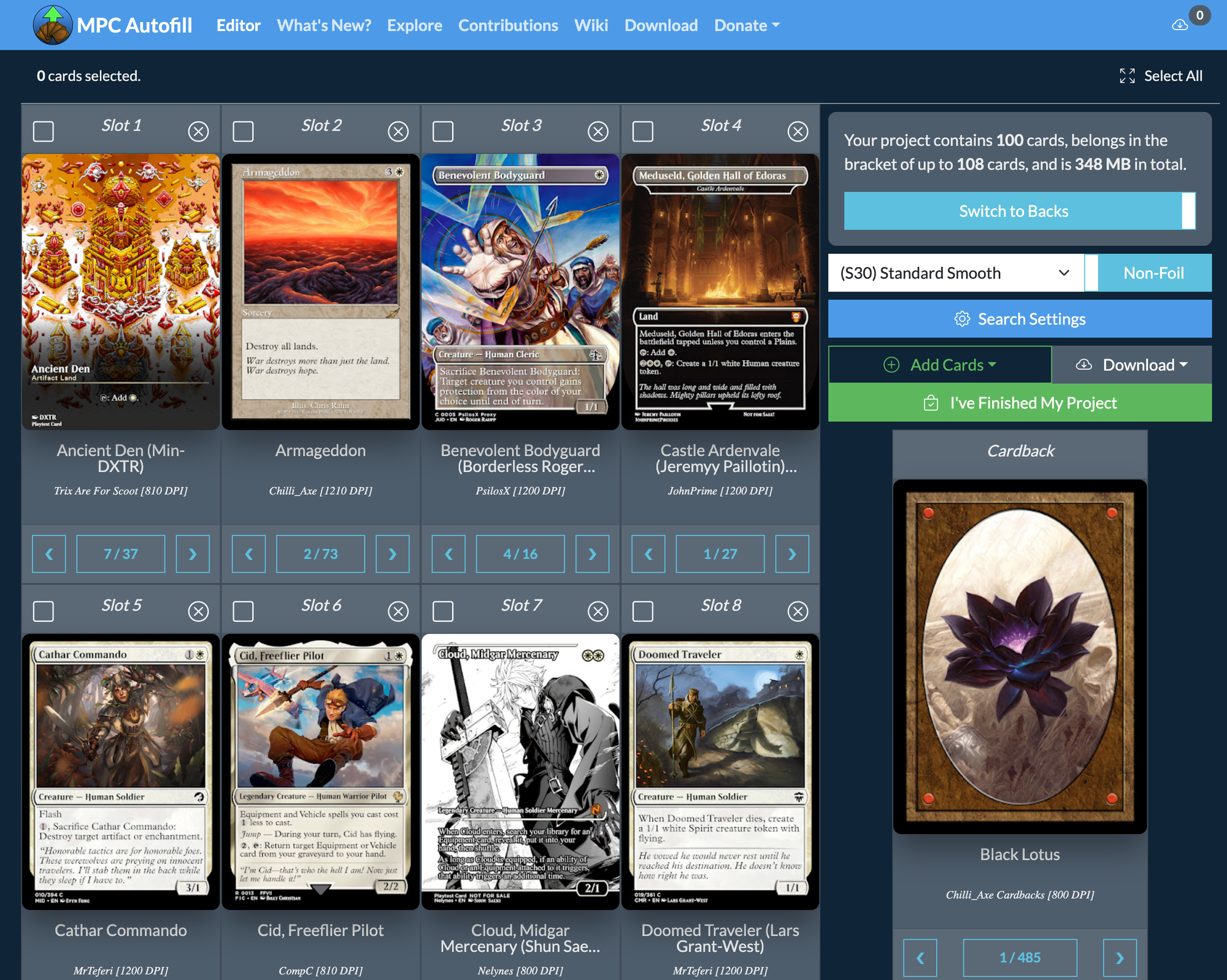 A selection of cards in the website https://mpcfill.com