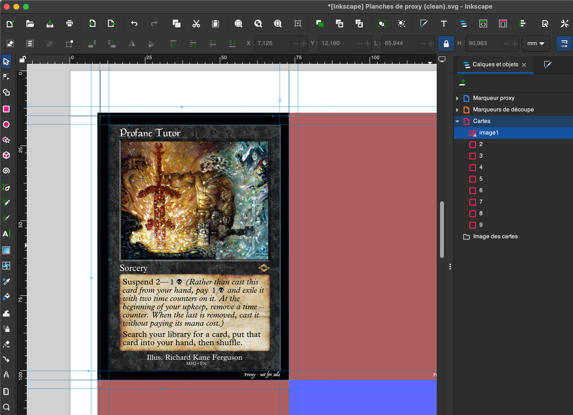 The visual for "Profane Tutor" MTG card properly cropped in the Inkscape template