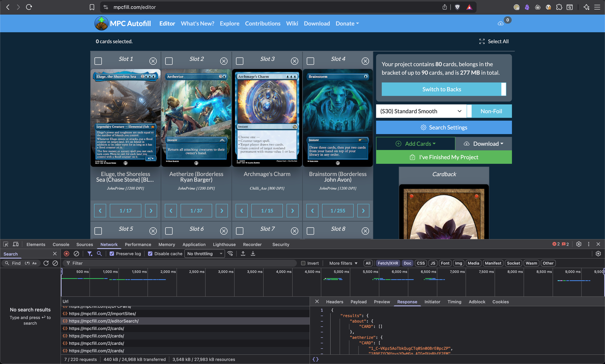 A screenshot of the mpcfill.com website with the developer tool panel open