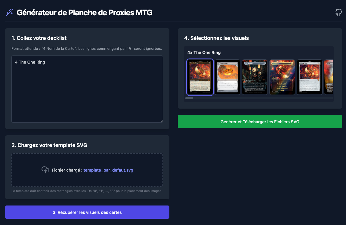 A rich UI showing a list containing one MTG card name (The One Ring) and all available designs
