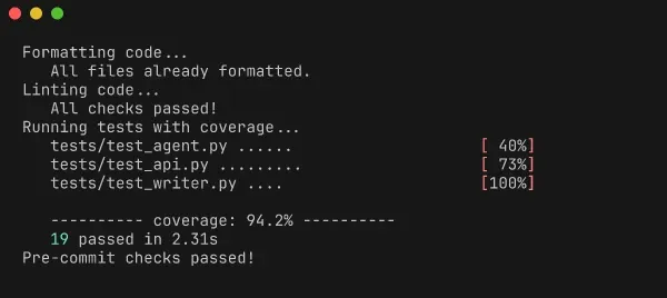 Sortie de just pre-commit : formatage, linting et tests passent avec 94,2 % de couverture