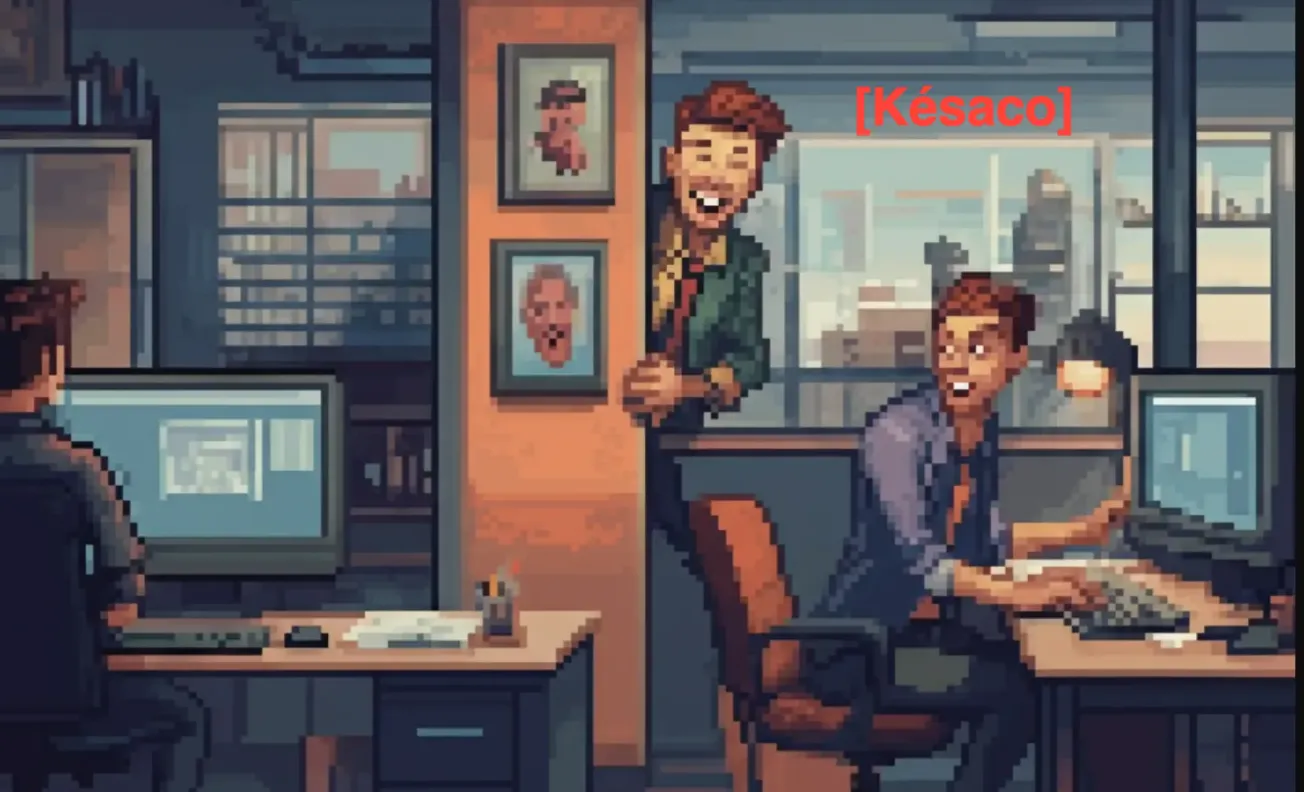 Groupe de collègues riant au bureau après qu'un d'entre eux se soit caché derrière un poteau