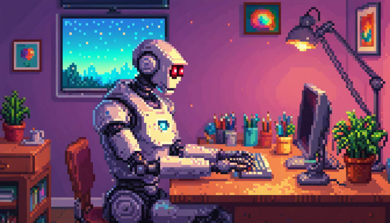 Un robot travaillant sur un ordinateur, dans une ambiance tranquille éclairée par une lampe de chevet