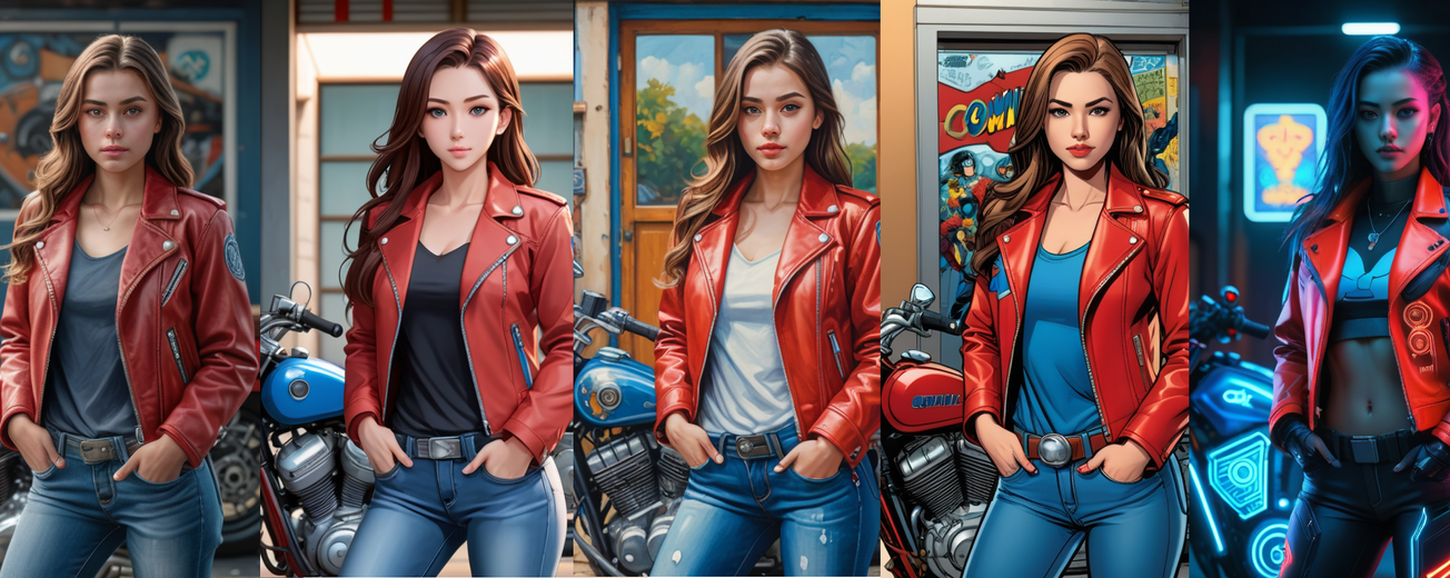 Image d'une femme derrière une moto dans différents styles : Réaliste, anime, peinture, comic book et futuriste
