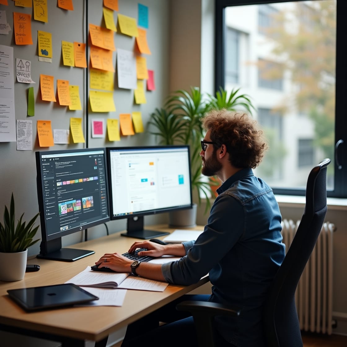 Homme dans un bureau travaillant avec un ordinateur et entouré de post-its