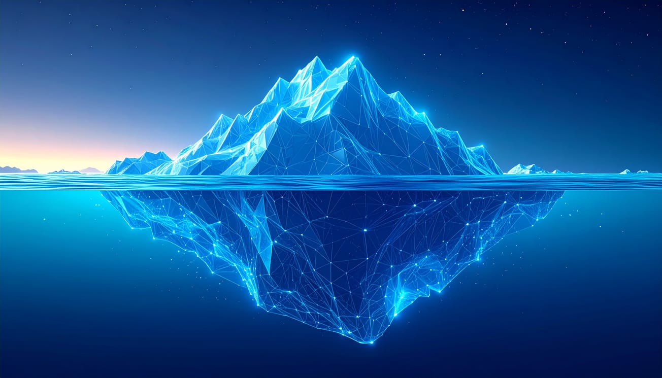 Iceberg numérique abstrait avec effet de lueur et de brillance dans un style polygonal futuriste.